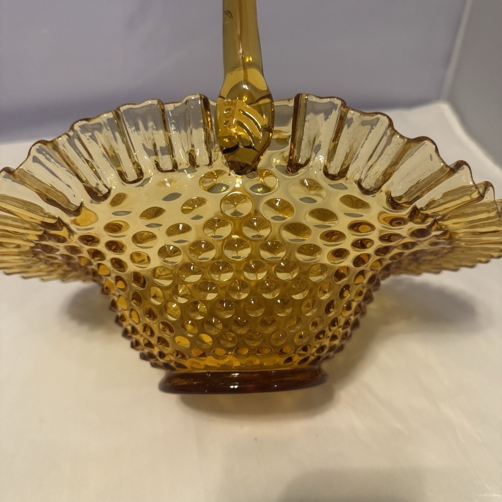 Vtg FENTON AMBER GLASS HOBNAIL RUFFLED EDGE BASKET CANDY DISH 9.5" Tall - Picture 10 of 13